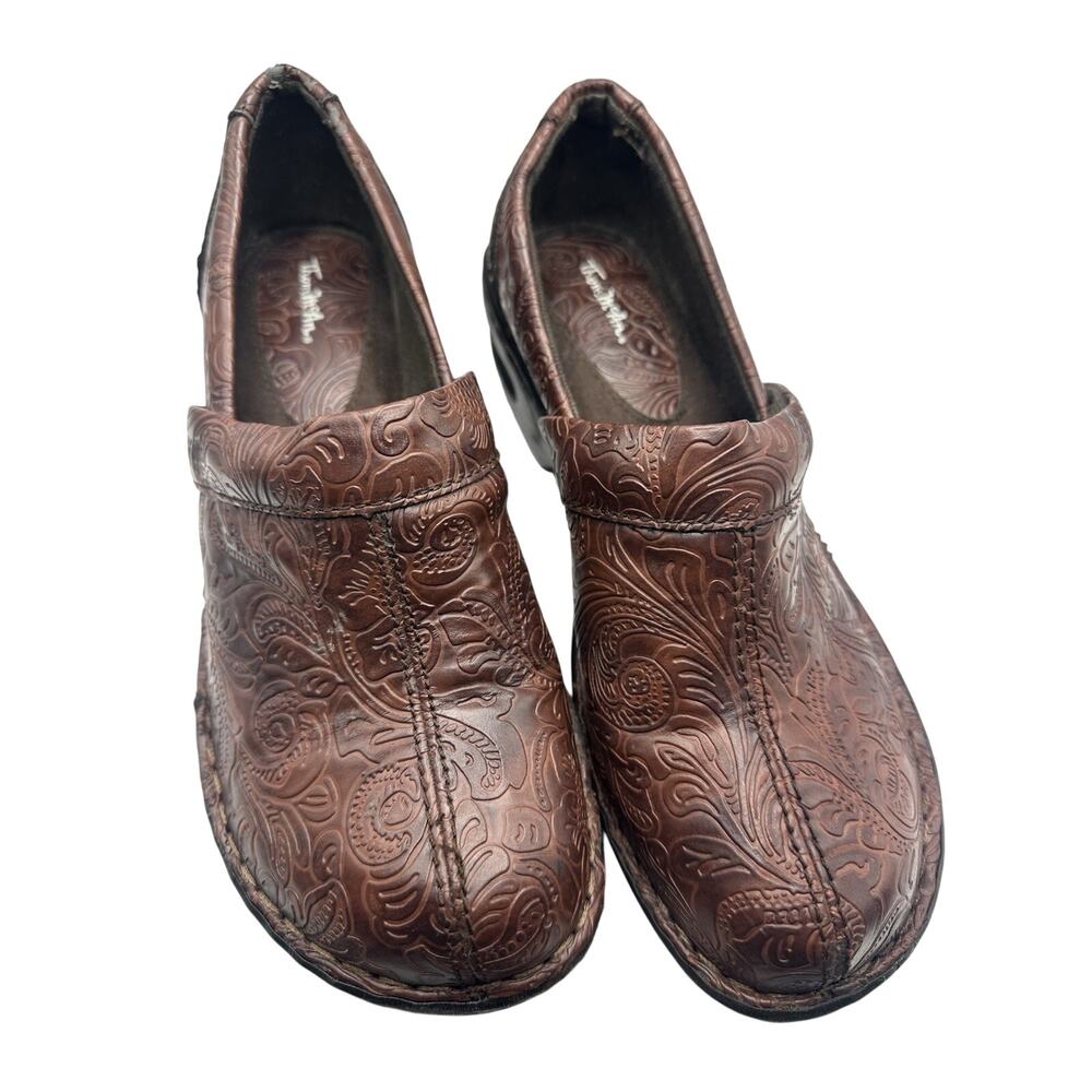 Thom McAn Toronto Brown Tooled Floral Paisley Clogs Women’s 9M Slip On Shoes